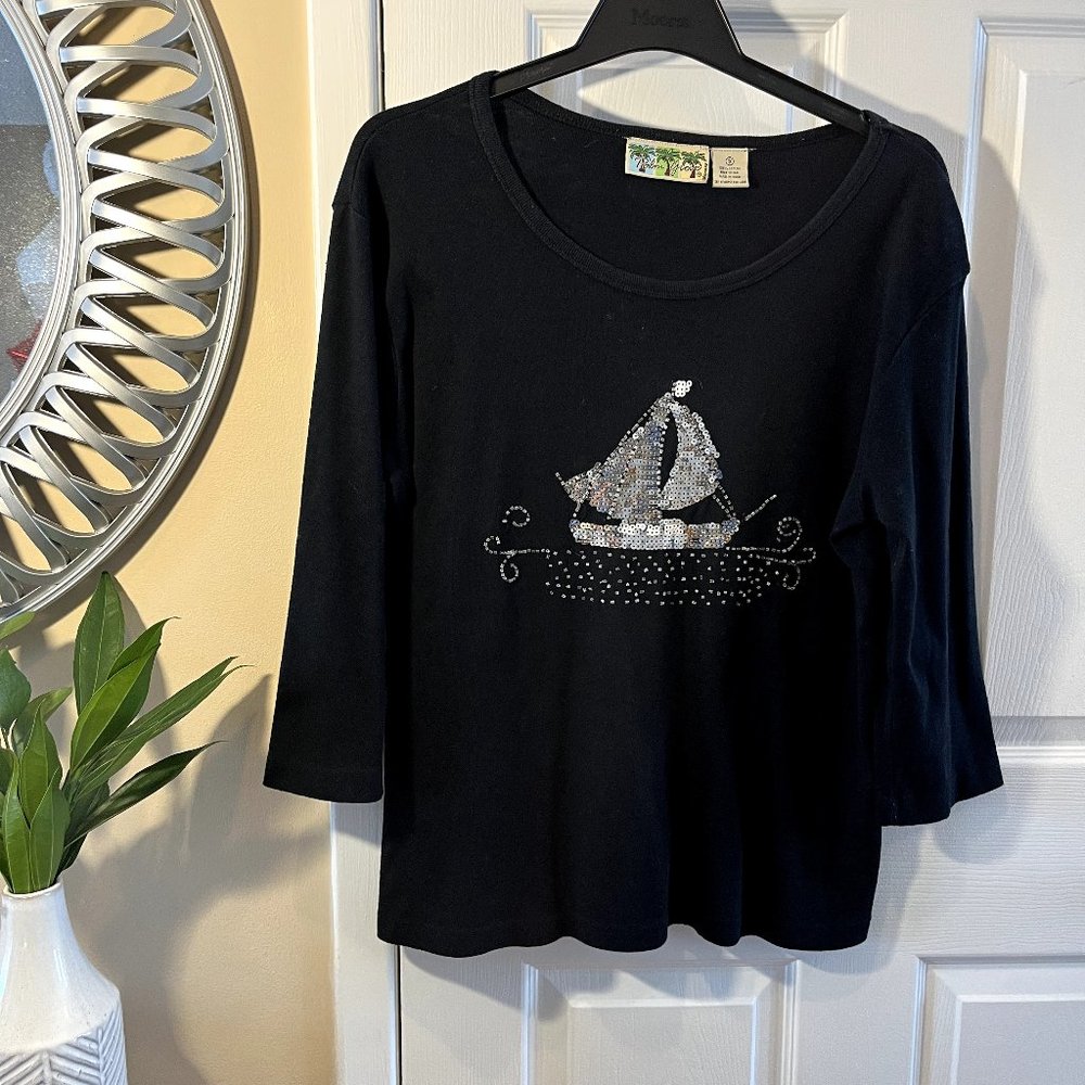 Palm Grove causal top, black with silver sequins, 1X, sailboat image on front